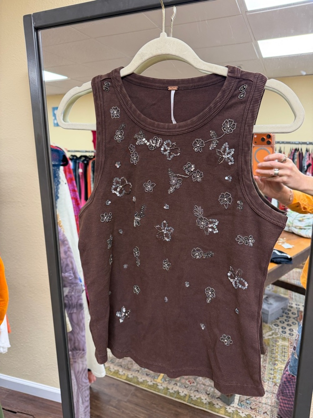 Free People Brown Embellished Floral Tank
